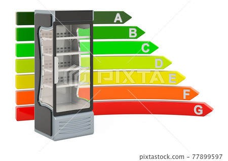 Glass Single Door Display Chiller for beverage with energy efficiency chart, 3D rendering 77899597