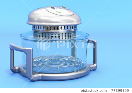 Electric Multi-function Air Fryer Oven on blue backdrop, 3D rendering 77899599