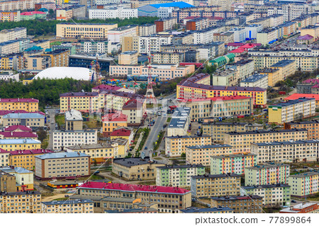 Top view of the city of Magadan. Far East of Russia. Top view of the city of Magadan. Far East of Russia. 77899864