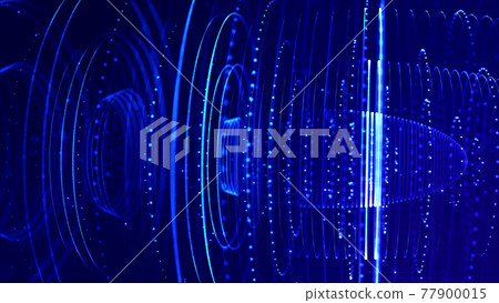 3d render. Abstract sci-fi bg with glow particles form curved lines, surfaces, hologram structures or virtual digital space. Deep blue motion design background of microworld or cosmic space. Rings 3d render. Abstract sci-fi bg with glow particles form curved lines, surfaces, hologram structures or virtual digital space. Deep blue motion design background of microworld or cosmic space. Rings 77900015