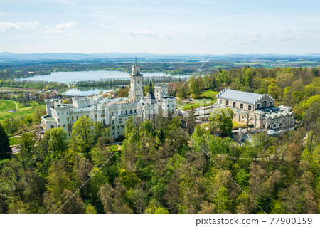 Panoramic view of Hluboka Castle in Hluboka nad Vltavou near Ceske Budejovice, Czech Republic 77900159