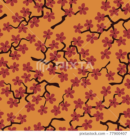 Seamless pattern with blossoming Japanese cherry sakura.Terracotta flowers on orange red background Seamless pattern with blossoming Japanese cherry sakura.Terracotta flowers on orange red background 77900407