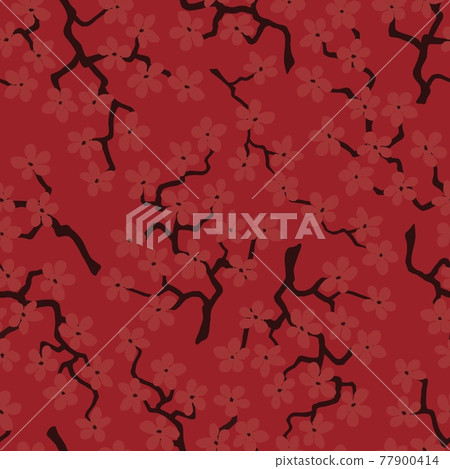 Seamless pattern with blossoming Japanese cherry sakura.Terracotta flowers on red background Seamless pattern with blossoming Japanese cherry sakura.Terracotta flowers on red background 77900414