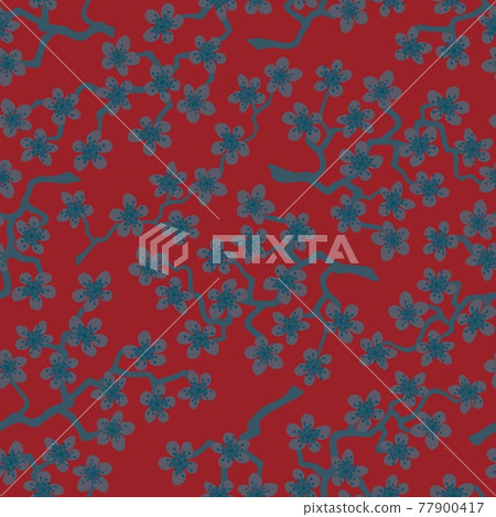 Seamless pattern with blossoming Japanese cherry sakura. Dim gray flowers on red background Seamless pattern with blossoming Japanese cherry sakura. Dim gray flowers on red background 77900417