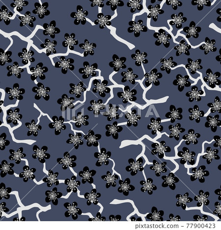 Seamless pattern with blossoming Japanese cherry sakura.Black flowers on slate grey background Seamless pattern with blossoming Japanese cherry sakura.Black flowers on slate grey background 77900423