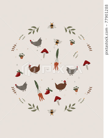 Hand drawn circle composition with mushroom, bug and plant. Cottagecore lifestyle, country living 77901288