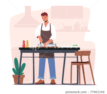 Male Character Cooking Seafood. Young Man in Chef Apron Cutting Big Fish at Home Kitchen Prepare Meal for Family Dinner 77901349