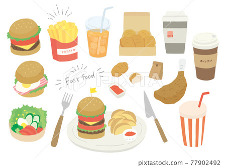 Hand-drawn illustration set for hamburgers, potatoes, etc. (no color / outline) 77902492