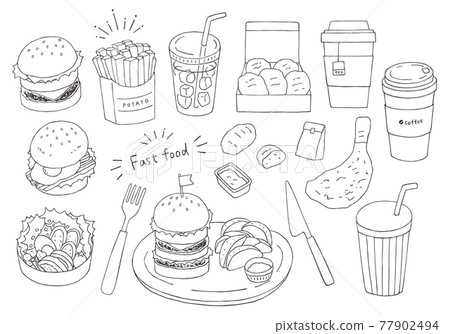 Hand-drawn illustration set of hamburgers, potatoes, etc. (monochrome) 77902494