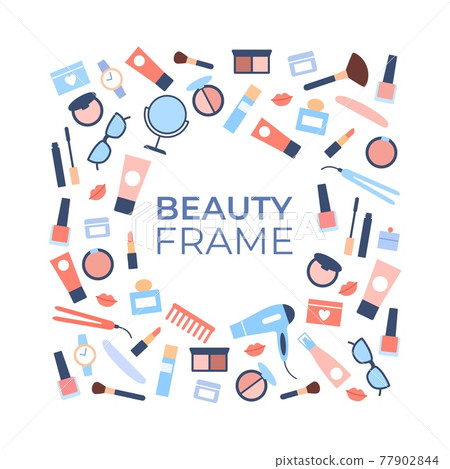 Beauty products background template with blank space. Advertising cosmetic banner. Flat female objects collection moisturizer, container, tube, skin cream bottle mascara. Cosmetics vector illustration 77902844