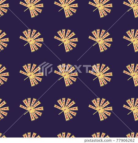 Yellow contrast seamless pattern with folk licuala palm ornament on navy blue background. 77906262