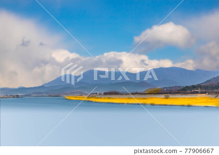 Blue sky full of clouds, green mountains and rivers Blue sky full of clouds, green mountains and rivers 77906667