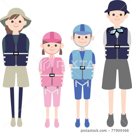 Parents and children wearing life jackets and swimsuits 77909366
