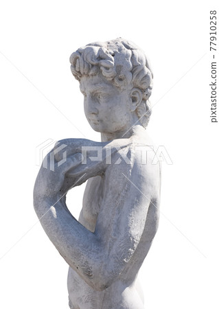 Side view of ancient man's upper body holding object stone sculpture on white background Side view of ancient man's upper body holding object stone sculpture on white background 77910258