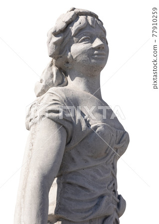 Close up of stone sculpture of woman on white background Close up of stone sculpture of woman on white background 77910259