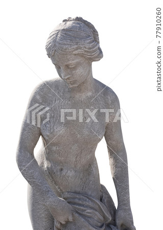 Stone sculpture of upper body of naked woman on white background Stone sculpture of upper body of naked woman on white background 77910260