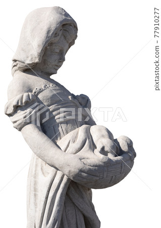Side view of stone sculpture of girl holding puppies in basket on white background Side view of stone sculpture of girl holding puppies in basket on white background 77910277