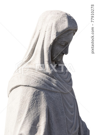 Close up side view of stone sculpture of virgin mary on white background Close up side view of stone sculpture of virgin mary on white background 77910278