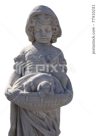 Close up of stone sculpture of girl holding puppies in basket on white background Close up of stone sculpture of girl holding puppies in basket on white background 77910281