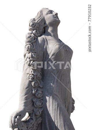 Side view of stone sculpture of woman looking up on white background Side view of stone sculpture of woman looking up on white background 77910282