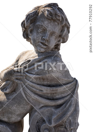 Close up of ancient stone sculpture of naked cherub wrapped in fabric on white background Close up of ancient stone sculpture of naked cherub wrapped in fabric on white background 77910292