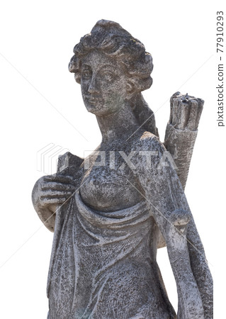 Stone sculpture of female hunter with archer's bag on white background 77910293