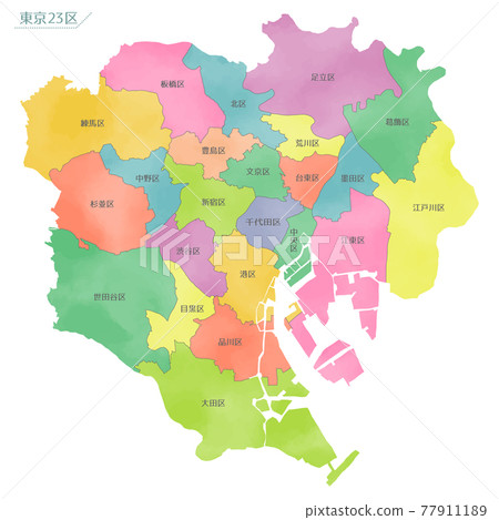 Watercolor-style map, 23 wards, Tokyo - Stock Illustration
