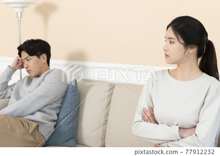 newly married Asian couple at home concept, angry at each other newly married Asian couple at home concept, angry at each other 77912232