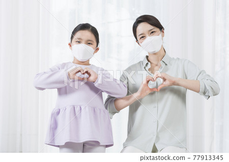 Asian mom and daughter wearing mask, covid virus safety concept Asian mom and daughter wearing mask, covid virus safety concept 77913345