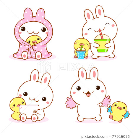 Set of kawaii bunny and duckling. Cute little duck and rabbit friends 77916055