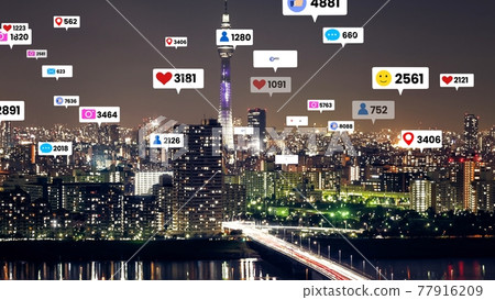 Social media icons fly over city downtown showing people engagement connection Social media icons fly over city downtown showing people engagement connection 77916209