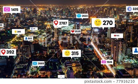 Social media icons fly over city downtown showing people engagement connection Social media icons fly over city downtown showing people engagement connection 77916210