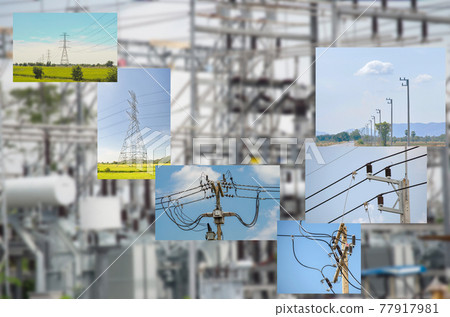 High, Low voltage electric pole and transmission line on substation blurred background. 77917981