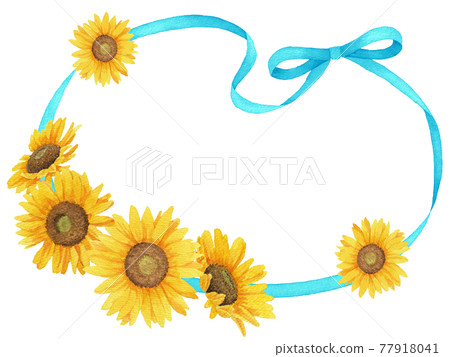 Watercolor frame illustration of sunflower and ribbon (light blue) 77918041