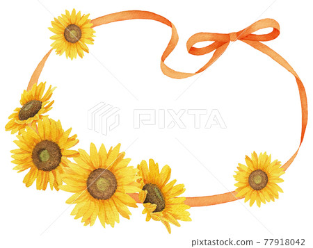 Watercolor frame illustration of sunflower and ribbon (orange) 77918042