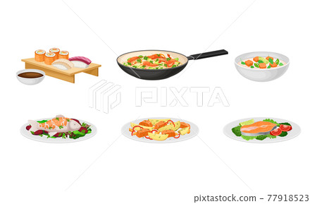 Salmon Soup and Noodles with Shrimps in Frying Pan as Seafood Dishes Vector Set 77918523