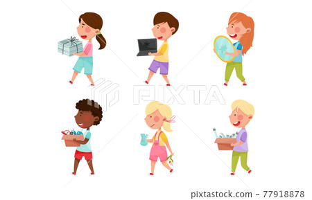 Boy and Girl Characters Carrying Sorted Garbage for Recycling Vector Illustration Set Boy and Girl Characters Carrying Sorted Garbage for Recycling Vector Illustration Set 77918878