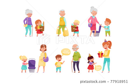 Little Boy and Girl Yielding Seat, Carrying Shopping Bags and Expressing Gratitude Vector Illustration Set Little Boy and Girl Yielding Seat, Carrying Shopping Bags and Expressing Gratitude Vector Illustration Set 77918951