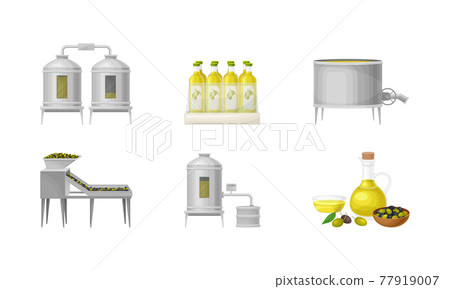 Olive Oil Production with Fruit Harvesting and Liquid Fat Extraction Vector Illustration Set Olive Oil Production with Fruit Harvesting and Liquid Fat Extraction Vector Illustration Set 77919007