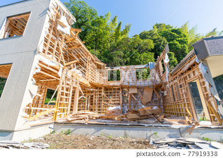 Demolition work site Traditional wooden frame 77919338