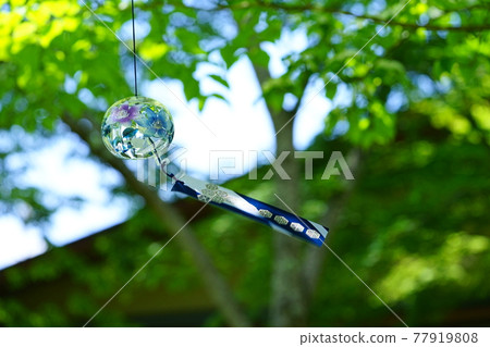 Wind chimes in the garden looking up at the roof 4 77919808