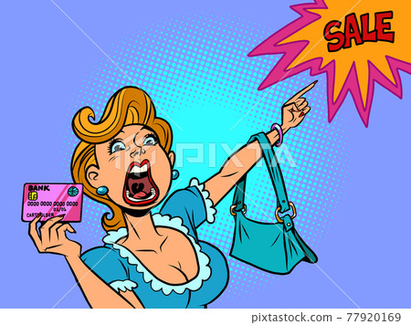 A woman with a credit card shouts discount sale. The buyer points with his hand A woman with a credit card shouts discount sale. The buyer points with his hand 77920169