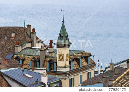 view of old city and waterfront of Nyon, canton of Vaud in Switzerland 77920475