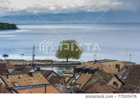 view of old city and waterfront of Nyon, canton of Vaud in Switzerland view of old city and waterfront of Nyon, canton of Vaud in Switzerland 77920476