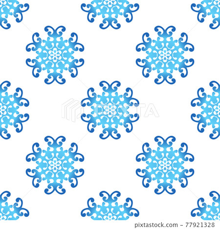Winter seamless pattern with blue gradient snowflakes on white background. Vector illustration for fabric, textile wallpaper, posters, gift wrapping paper. Christmas vector illustration Winter seamless pattern with blue gradient snowflakes on white background. Vector illustration for fabric, textile wallpaper, posters, gift wrapping paper. Christmas vector illustration 77921328