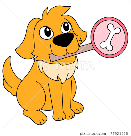 cute dog is carrying a bone sign in his mouth, doodle icon image kawaii 77921936