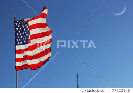 American Flag and Cross and Moon With Blue Sky American Flag and Cross and Moon With Blue Sky 77922106