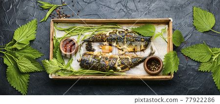 Roasted mackerel with herbs,top view Roasted mackerel with herbs,top view 77922286