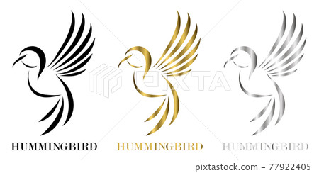 three color black gold silver line art Vector illustration on a white background of flying hummingbirds Suitable for making logo 77922405