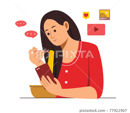 Woman is Eating Food While Watching Mobile Phone. 77922907